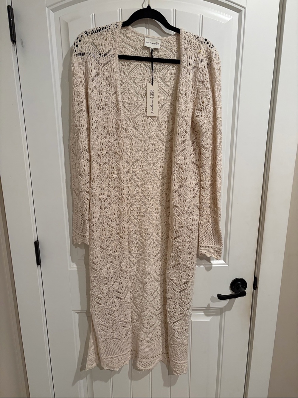 Freshman Cream Long Crochet Open-Front Dress Cardigan